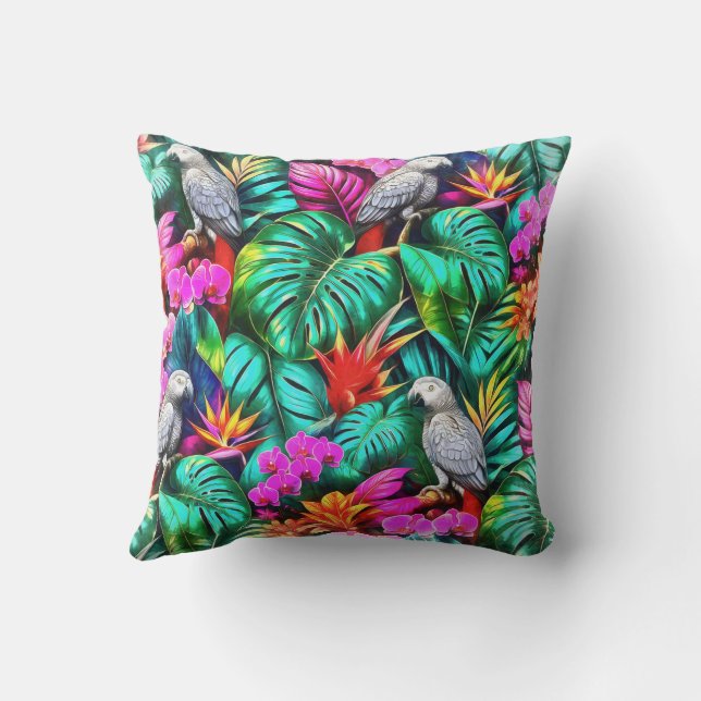 Grey Parrot Jungle Dreams Seamless Surface Pattern Cushion (Back)