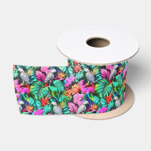 Grey Parrot Jungle Dreams Seamless Surface Pattern Satin Ribbon
