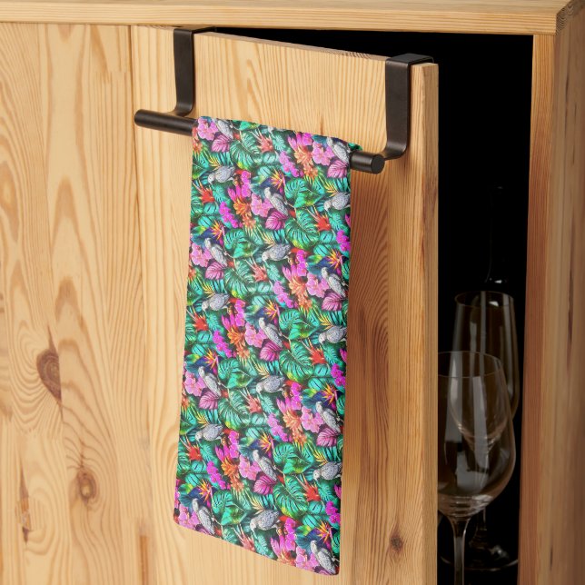 Grey Parrot Jungle Dreams Seamless Surface Pattern Tea Towel (Thirds Fold)