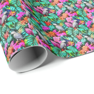 Grey Parrot Jungle Dreams Seamless Surface Pattern Wrapping Paper