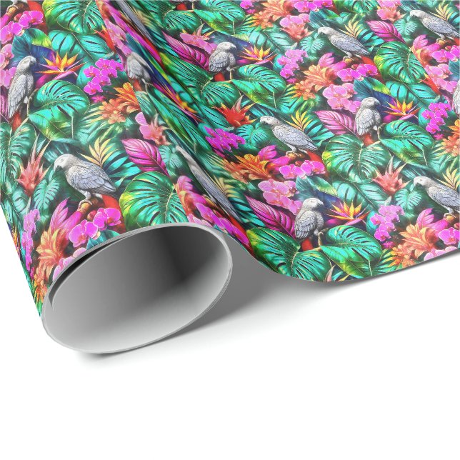 Grey Parrot Jungle Dreams Seamless Surface Pattern Wrapping Paper (Roll Corner)
