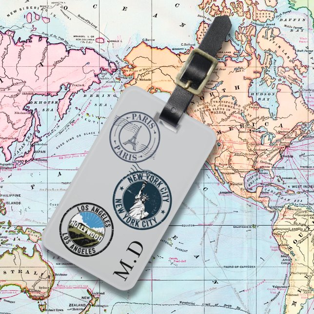 Grey passport stamps monogram initials luggage tag (Creator Uploaded)