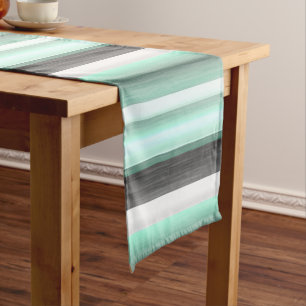 Grey Pastel Mint Green Watercolor Stripes Pattern Short Table Runner