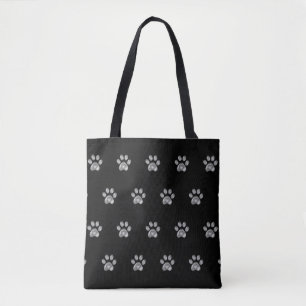 Grey Paw Pattern on Black Tote Bag