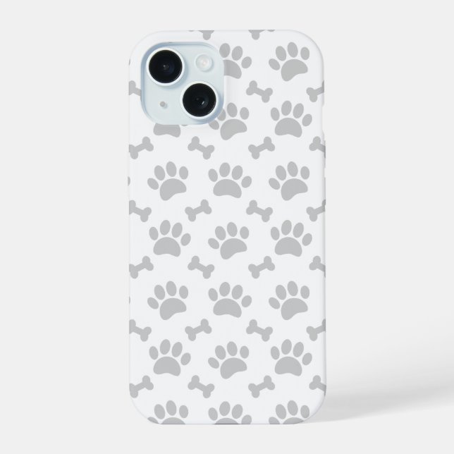 Grey Paws And Bones Pattern iPhone 15 Case (Back)