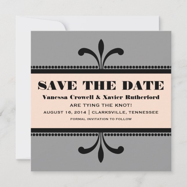 Grey/Peach Fancy Art Deco Save the Date Invite (Front)