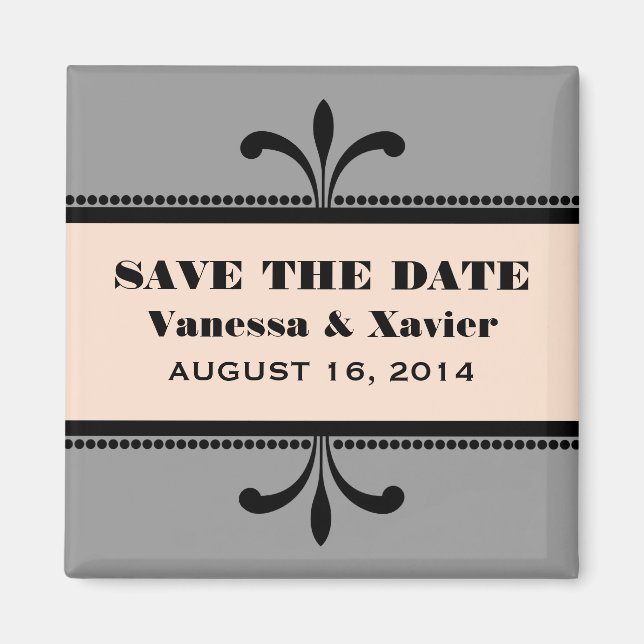 Grey/Peach Fancy Art Deco Save the Date Magnet (Front)