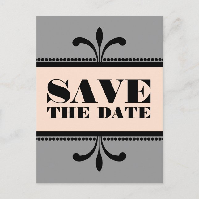 Grey/Peach Fancy Art Deco Save the Date Postcard (Front)
