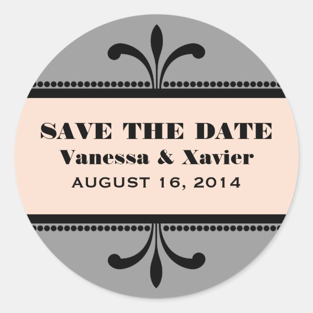 Grey/Peach Fancy Art Deco Save the Date Stickers (Front)