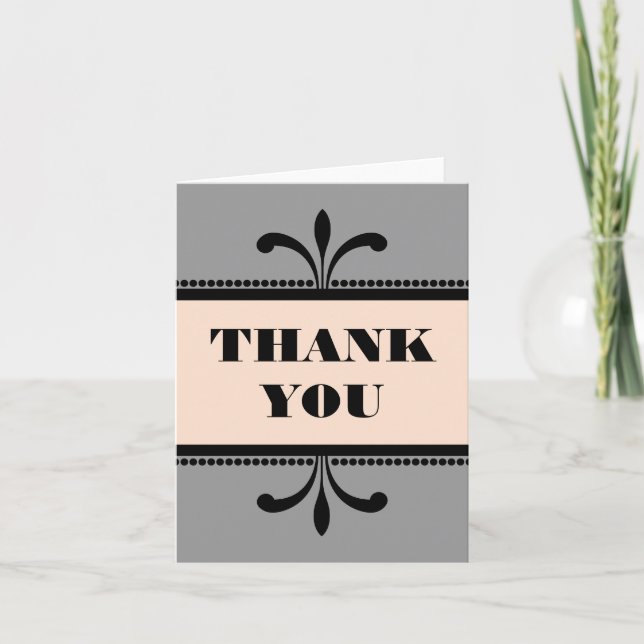 Grey/Peach Fancy Art Deco Thank You Card (Front)