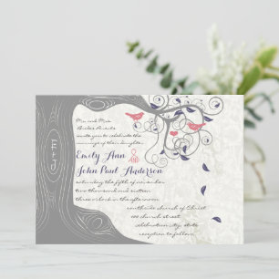 Grey Peach Lapis Blue Love Bird Wedding Invitation
