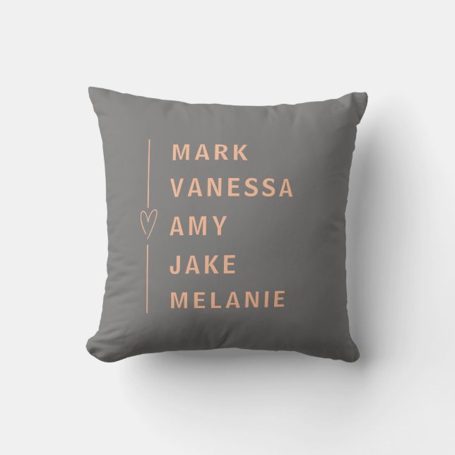 Grey Peach Modern Names Minimalist Heart Cushion (Front)