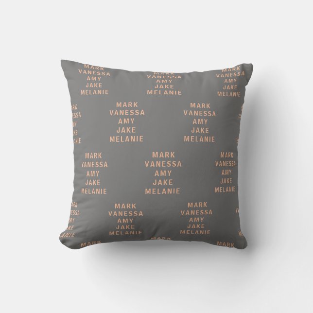 Grey Peach Modern Names Pattern Centred Cushion (Front)