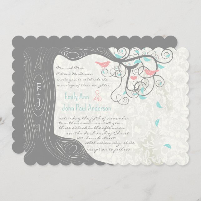 Grey Peachy Pink Minty Aqua Love Bird Wedding Invitation (Front/Back)
