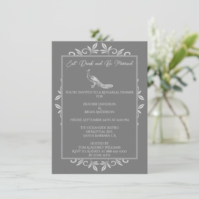 Grey Peacock Flourish Rehearsal Dinner Invitation (Standing Front)