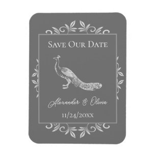 Grey Peacock Flourish Save The Date Magnet