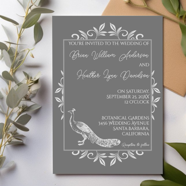 Grey Peacock Flourish Wedding Invitation (Gray Peacock Flourish Wedding Invitation)