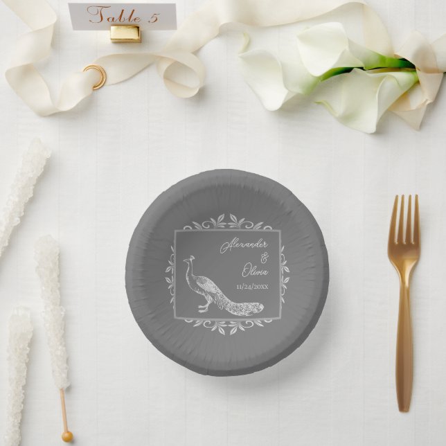 Grey Peacock Flourish Wedding Shower Paper Bowls Plate (Wedding)