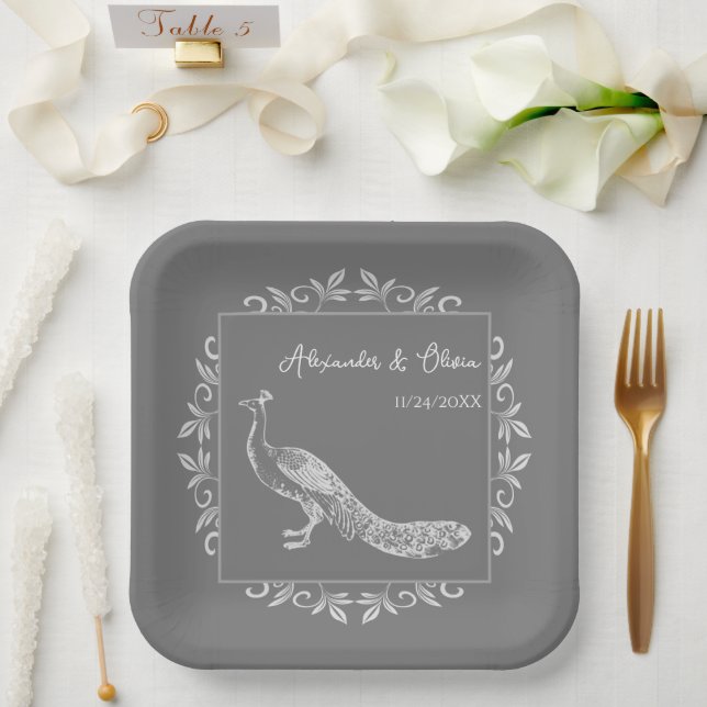 Grey Peacock Flourish Wedding Shower Paper Plates (Wedding)