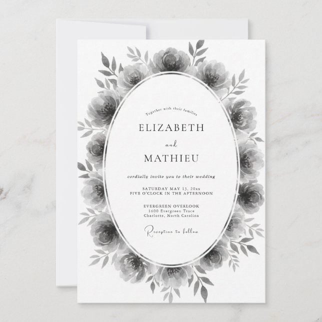 Grey Peony Wreath Wedding Invitation (Front)