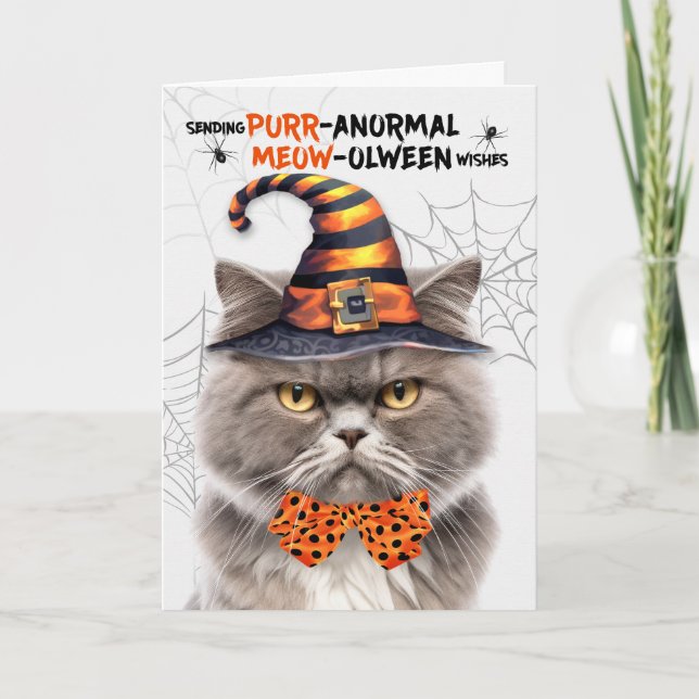 Grey Persian Cat PURRanormal MEOWolween Holiday Card (Front)