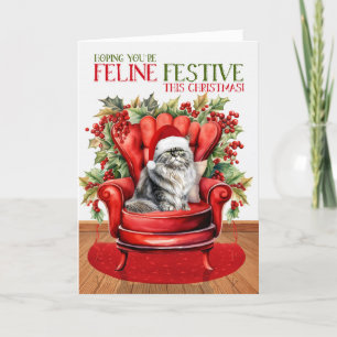Grey Persian Christmas Cat FELINE Festive Holiday Card
