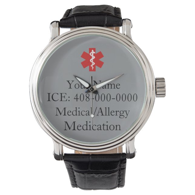 Grey Personalised Medical ID  Watch (Front)