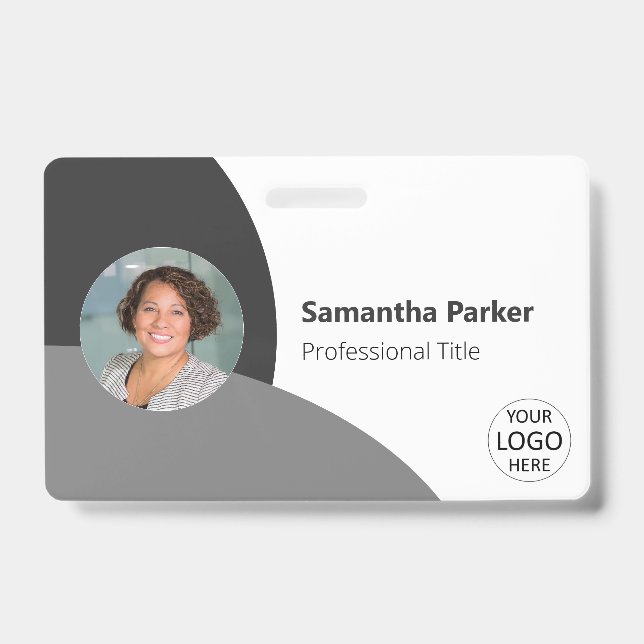 Grey Personalised Photo, Logo, Barcode Employee ID Badge (Front)