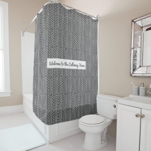 Grey Personalised Rustic Herringbone Pattern Shower Curtain (In Situ)