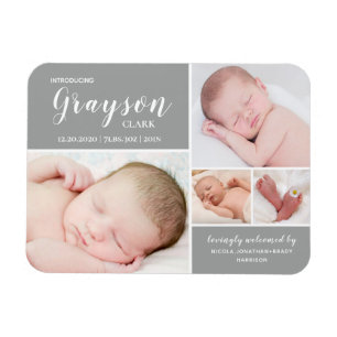 Grey Photo Collage Baby Birth Announcement  Magnet