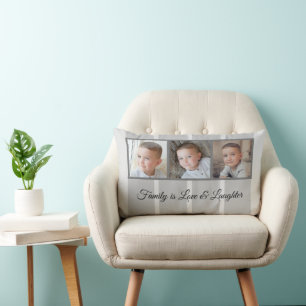 Grey photo collage family striped lumbar cushion