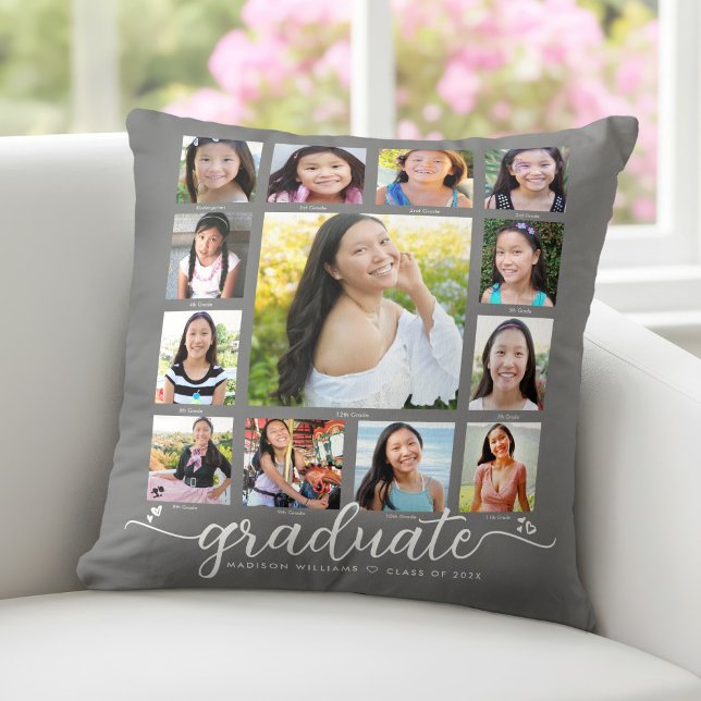 Grey Photo Collage Graduation K–12 Modern Script Cushion (Creator Uploaded)