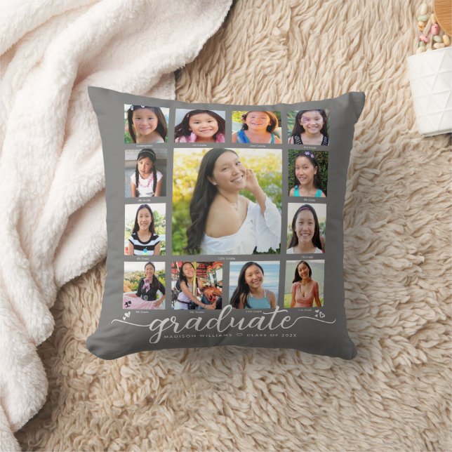 Grey Photo Collage Graduation K–12 Modern Script Cushion (Blanket)