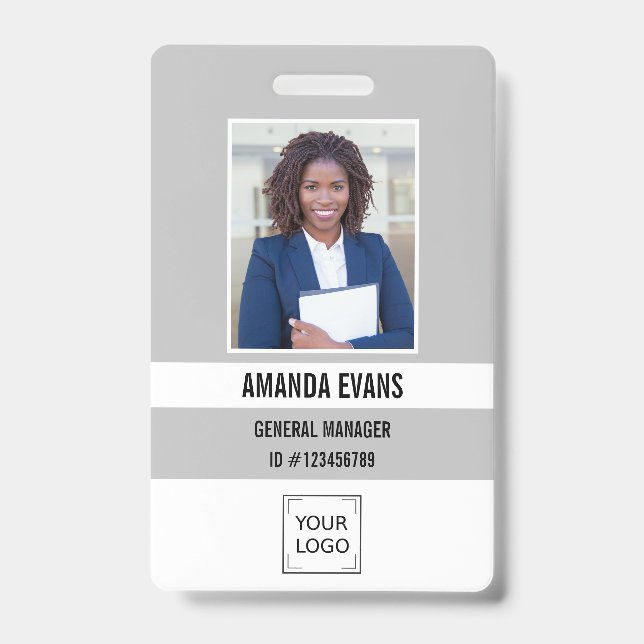 Grey | Photo Employee Logo or QR CODE Security ID Badge (Front)