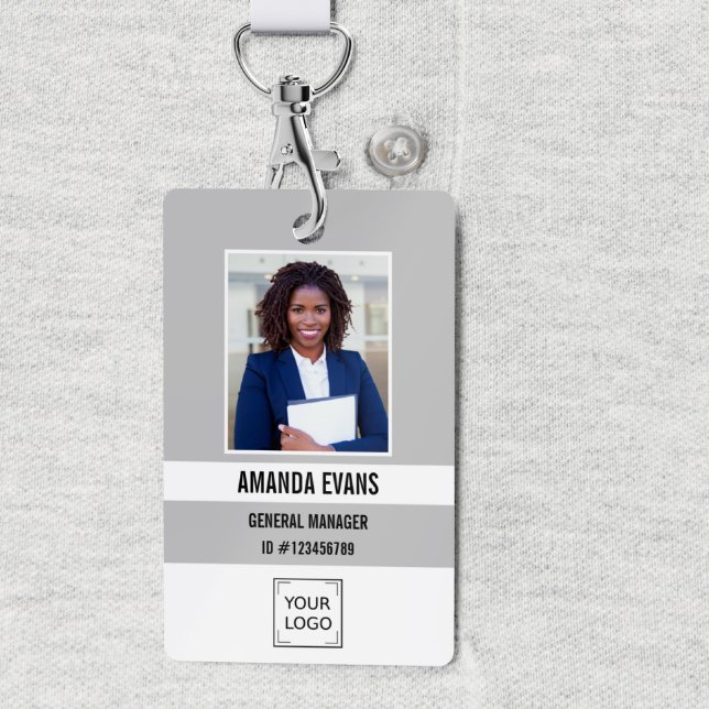 Grey | Photo Employee Logo or QR CODE Security ID Badge (Employee Security Id badge with Photo JOB TITLE, corporate logo or qr code. gray and white)
