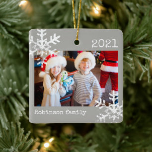 Grey Photo Family Christmas Snowflake Ceramic Ornament