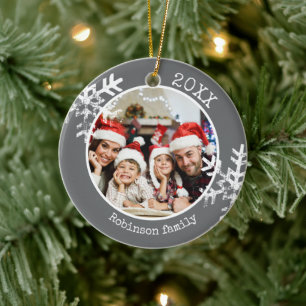 Grey Photo Family Christmas Snowflake Ceramic Ornament