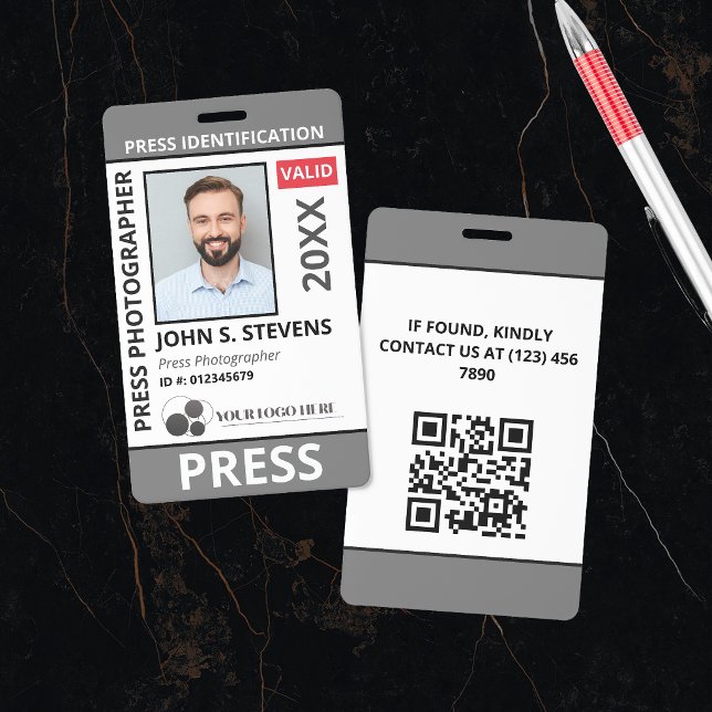 Grey Photo & Logo Press ID QR Code Badge (Creator Uploaded)