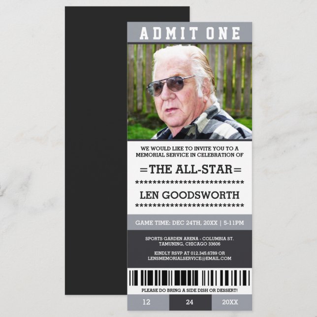 Grey Photo Memorial Service Ticket Invite (Front/Back)