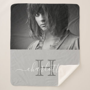 Grey photo name modern script sherpa blanket