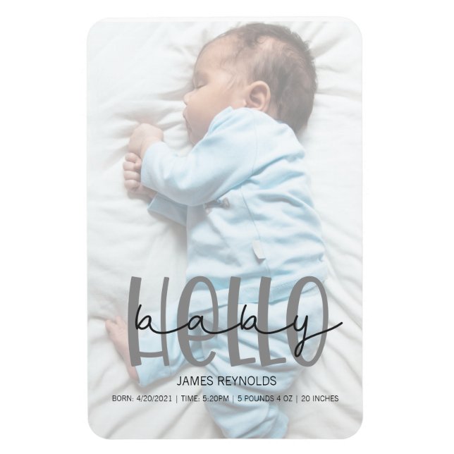 Grey photo script birth annoucement card magnet (Vertical)
