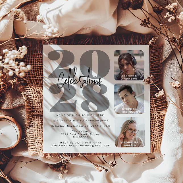 Grey Photo Triple Graduation Invitation (Creator Uploaded)