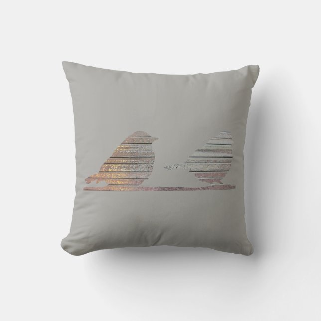 Grey Pillow With Two Faux Metal Birds (Front)