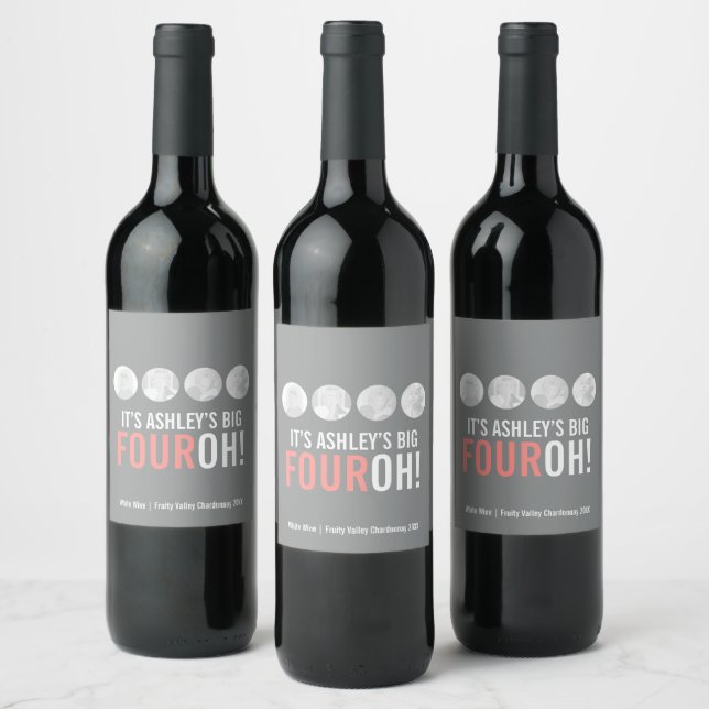 Grey pink 40th FOUROH! custom photo birthday Wine Label (Bottles)