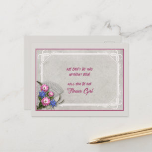 Grey Pink Blue Floral Bouquet Flower Girl Announcement Postcard
