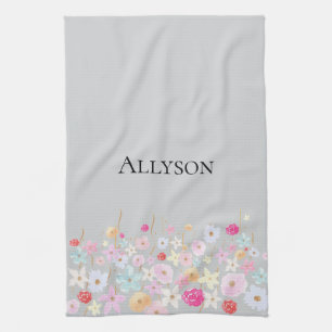 Grey Pink Blue Yellow Flowers Tea Towel