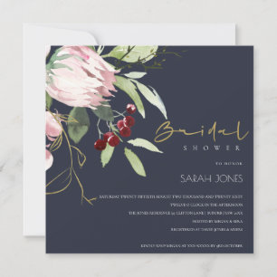 GREY PINK BURGUNDY PROTEA FLORAL BRIDAL SHOWER INVITATION
