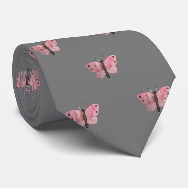 Grey Pink Butterfly Wedding Professional Work  Tie (Rolled)