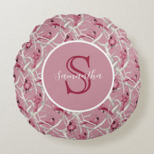 Grey Pink Cardinal Birds Personalised Monogram Round Cushion
