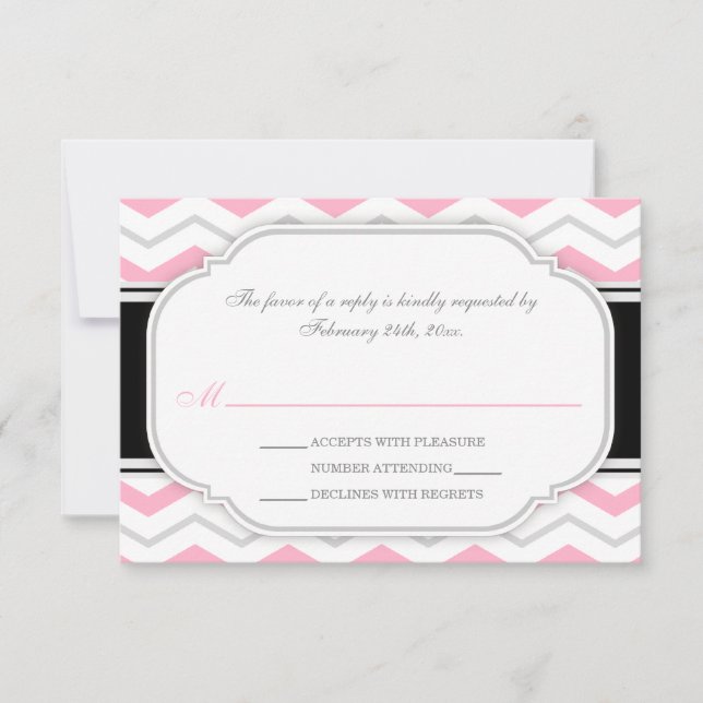 Grey & Pink Chevron Wedding Reception RSVP Cards (Front)